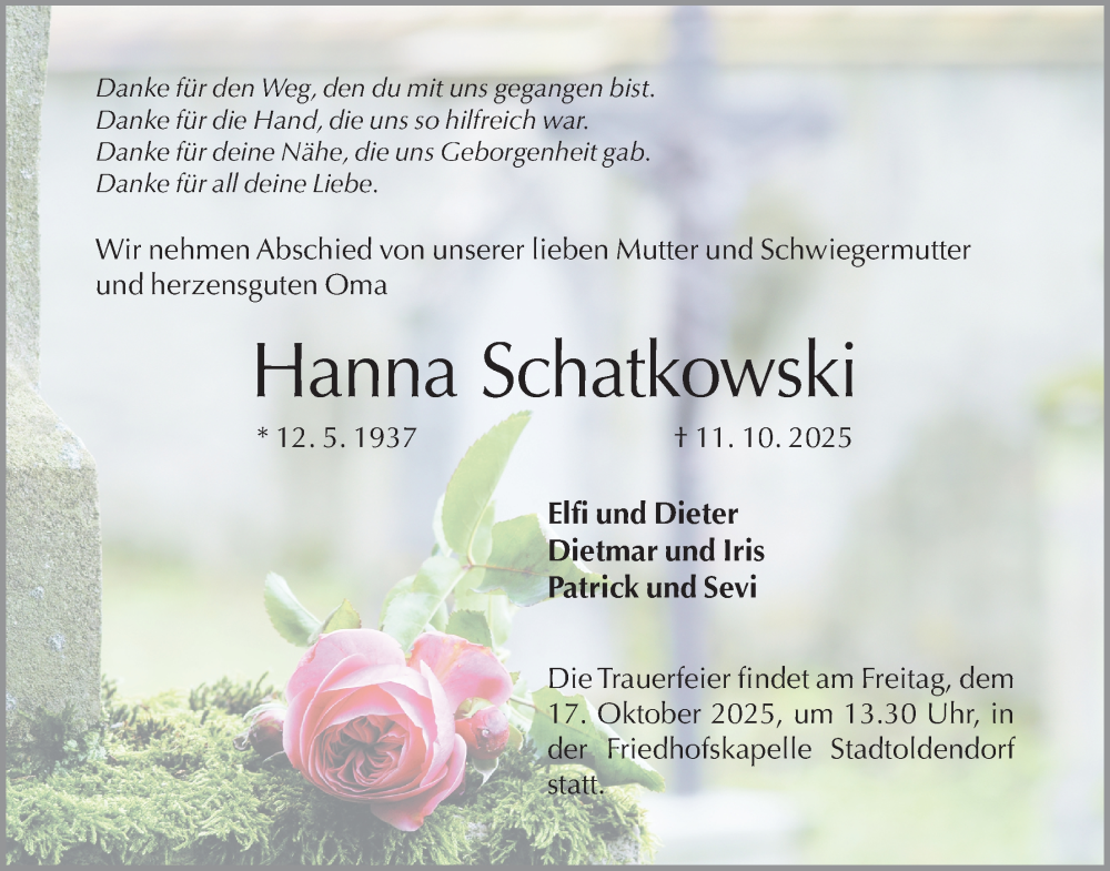  Traueranzeige für Hanna Schatkowski vom 15.10.2025 aus Täglicher Anzeiger Holzminden