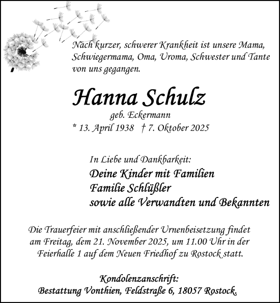 Traueranzeige von Hanna Schulz von Ostsee-Zeitung GmbH