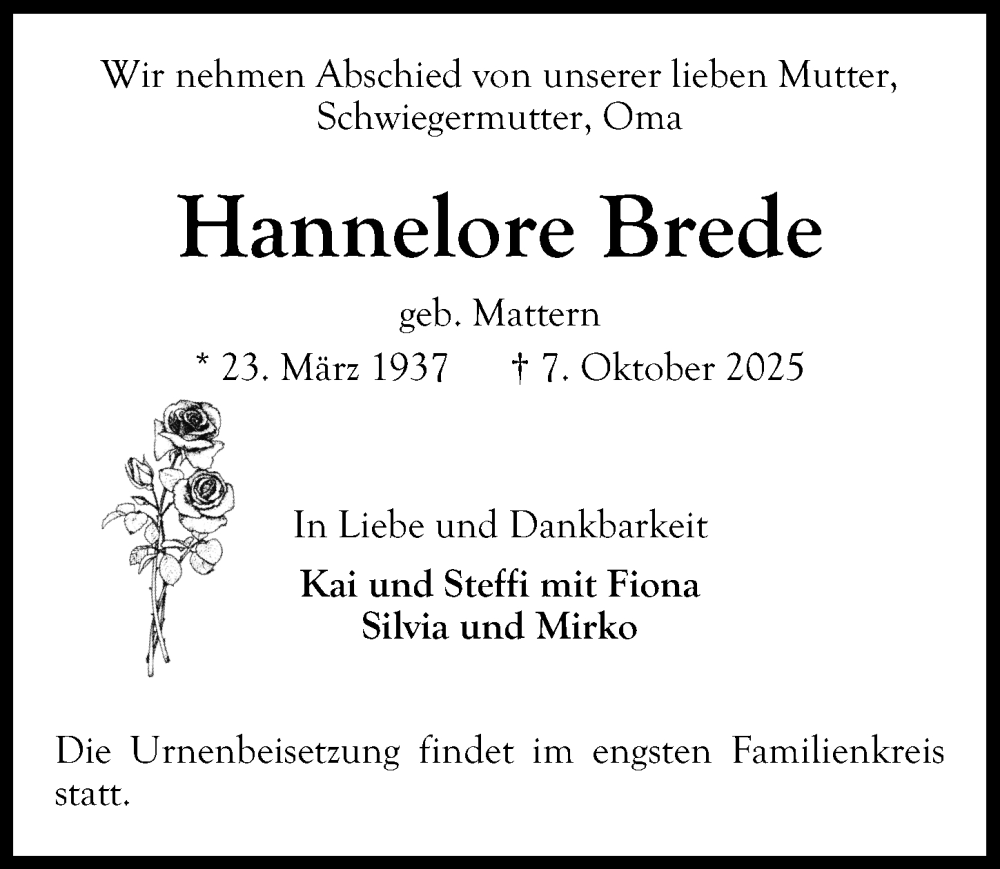  Traueranzeige für Hannelore Brede vom 19.10.2025 aus Lübecker Nachrichten