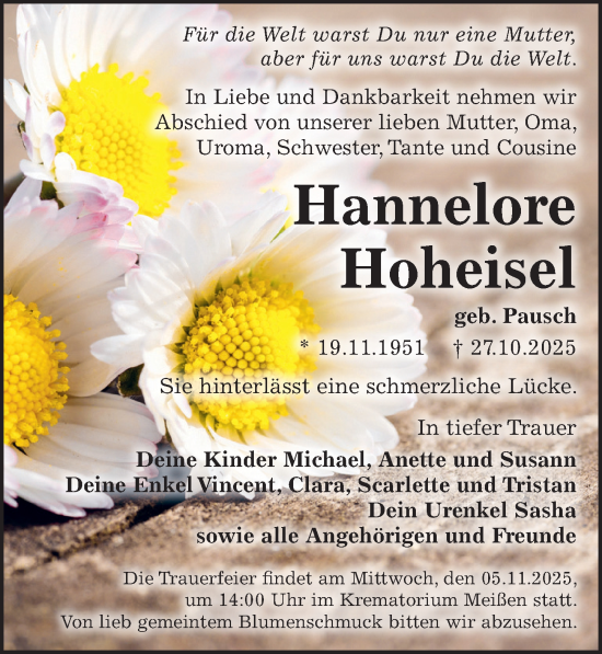 Traueranzeige von Hannelore Hoheisel von Sächsische Zeitung