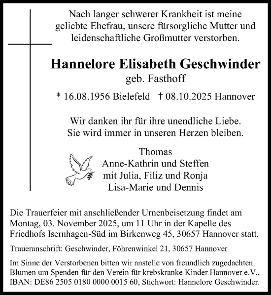 Traueranzeige von Hannelore Elisabeth Geschwinder von Hannoversche Allgemeine Zeitung/Neue Presse