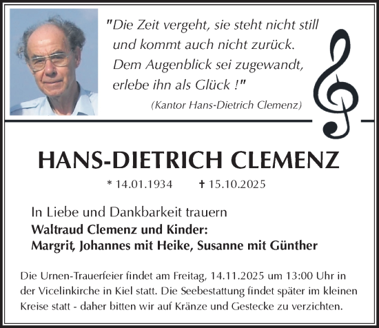 Traueranzeige von Hans-Dietrich Clemenz von Kieler Nachrichten