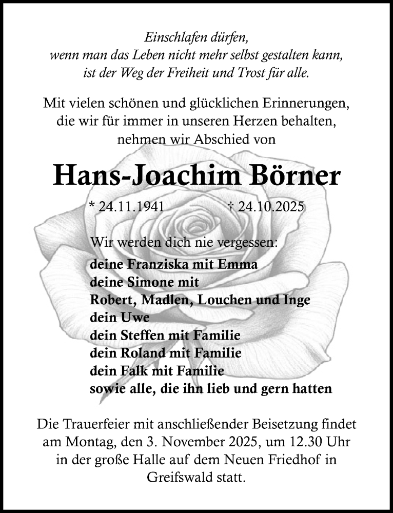  Traueranzeige für Hans-Joachim Börner vom 01.11.2025 aus Ostsee-Zeitung GmbH