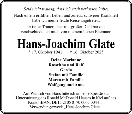Traueranzeige von Hans-Joachim Glate von Kieler Nachrichten