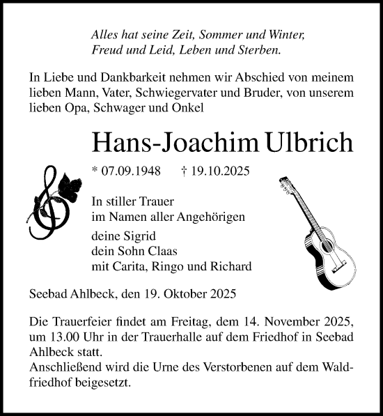 Traueranzeige von Hans-Joachim Ulbrich von Ostsee-Zeitung GmbH