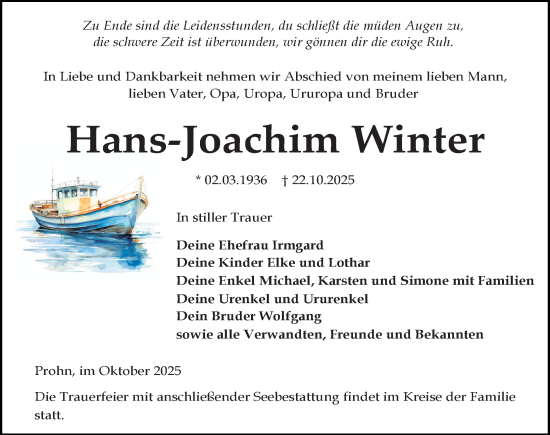 Traueranzeige von Hans-Joachim Winter von Ostsee-Zeitung GmbH