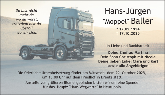 Traueranzeige von Hans-Jürgen Baller von Wochenspiegel