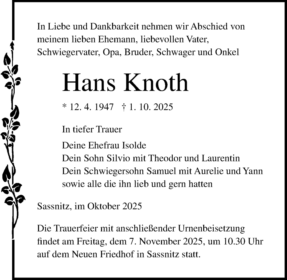  Traueranzeige für Hans Knoth vom 11.10.2025 aus Ostsee-Zeitung GmbH