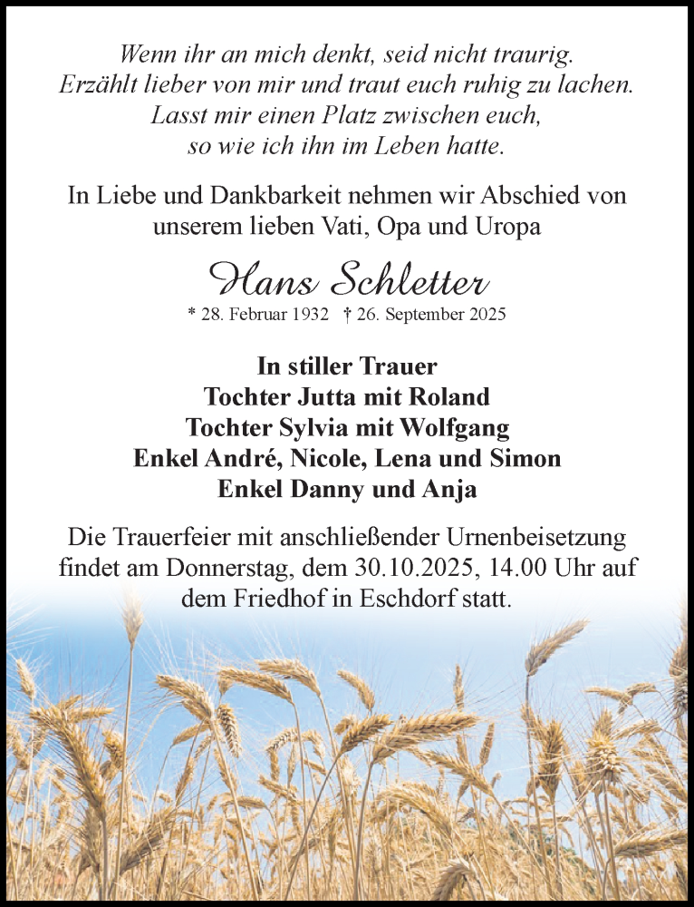  Traueranzeige für Hans Schletter vom 18.10.2025 aus Sächsische Zeitung
