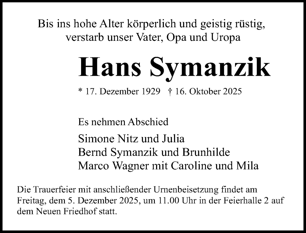  Traueranzeige für Hans Symanzik vom 25.10.2025 aus Ostsee-Zeitung GmbH