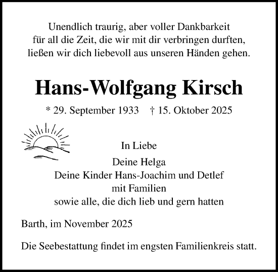 Traueranzeige von Hans-Wolfgang Kirsch von Ostsee-Zeitung GmbH