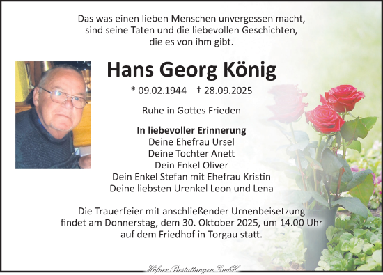 Traueranzeige von Hans Georg König von Torgauer Zeitung