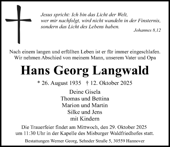 Traueranzeige von Hans Georg Langwald von Hannoversche Allgemeine Zeitung/Neue Presse