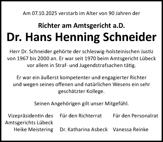 Traueranzeige von Hans Henning Schneider von Lübecker Nachrichten