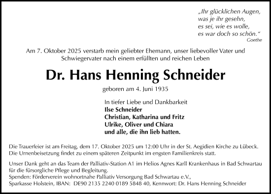 Traueranzeige von Hans Henning Schneider von Lübecker Nachrichten
