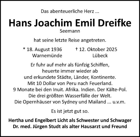 Traueranzeige von Hans Joachim Emil Dreifke von Lübecker Nachrichten