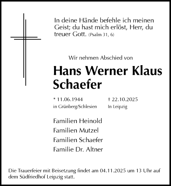 Traueranzeige von Hans Werner Klaus Schaefer von Leipziger Volkszeitung