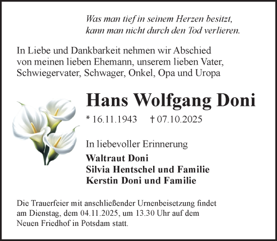 Traueranzeige von Hans Wolfgang Doni von Märkischen Allgemeine Zeitung