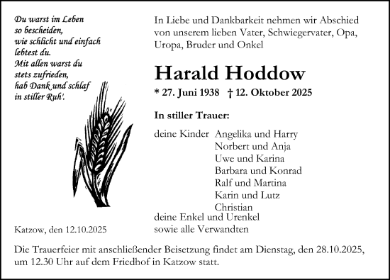 Traueranzeige von Harald Hoddow von Ostsee-Zeitung GmbH