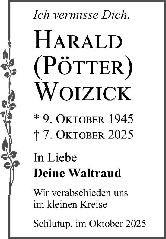 Traueranzeige von Harald Wolzick von Lübecker Nachrichten