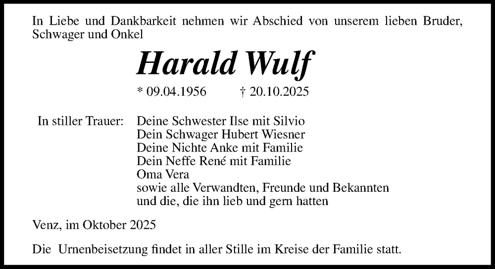  Traueranzeige für Harald Wulf vom 01.11.2025 aus Ostsee-Zeitung GmbH