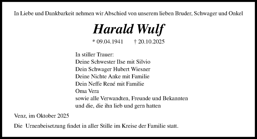  Traueranzeige für Harald Wulf vom 25.10.2025 aus Ostsee-Zeitung GmbH