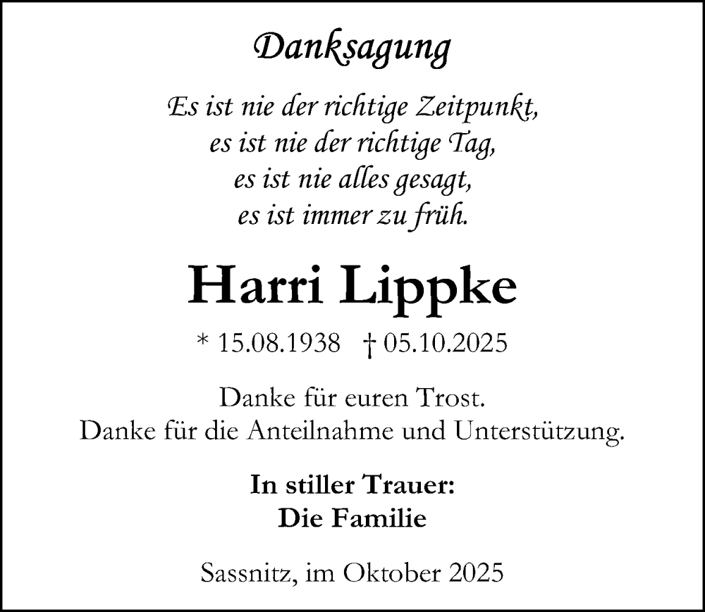  Traueranzeige für Harri Lippke vom 01.11.2025 aus Ostsee-Zeitung GmbH