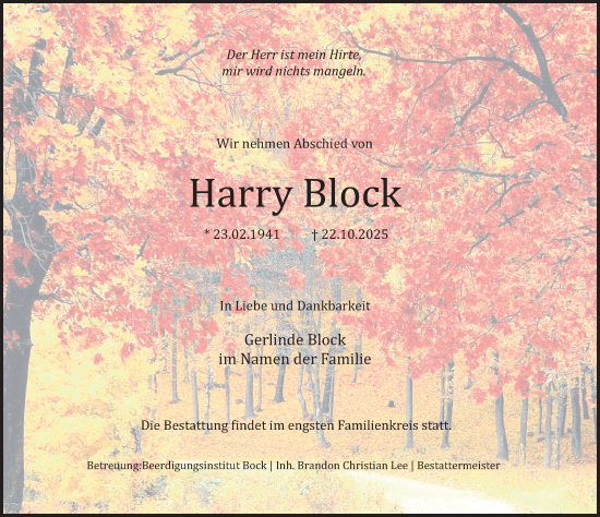 Traueranzeige von Harry Block von Schaumburger Nachrichten