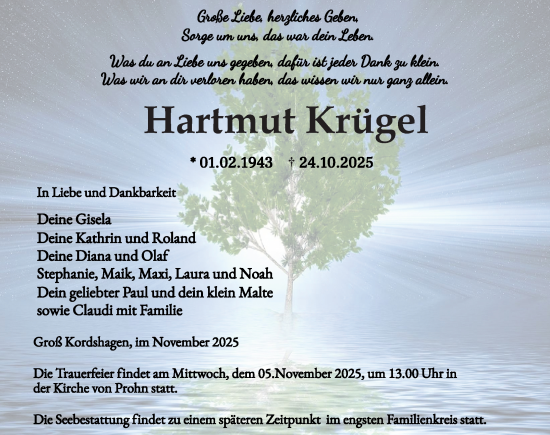 Traueranzeige von Hartmut Krügel von Ostsee-Zeitung GmbH