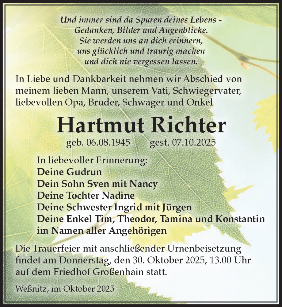  Traueranzeige für Hartmut Richter vom 18.10.2025 aus Sächsische Zeitung