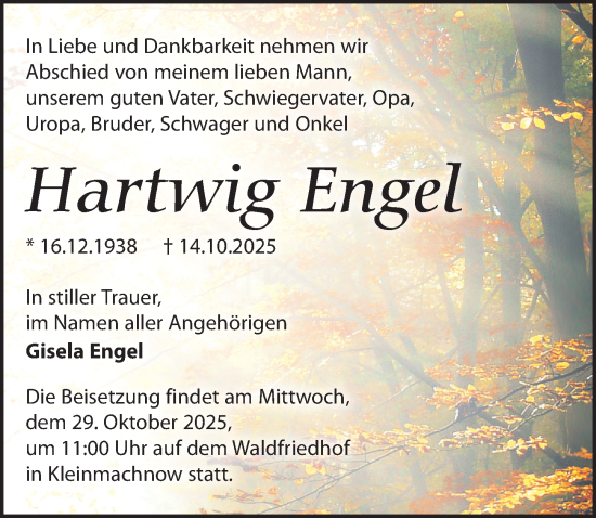 Traueranzeige von Hartwig Engel von Märkischen Allgemeine Zeitung