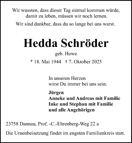 Traueranzeige von Hedda Schröder von Lübecker Nachrichten