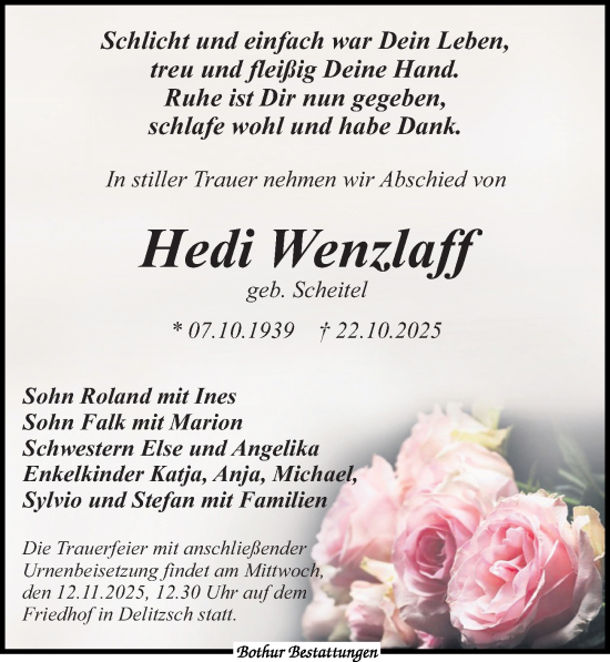 Traueranzeige von Hedi Wenzlaff von Leipziger Volkszeitung