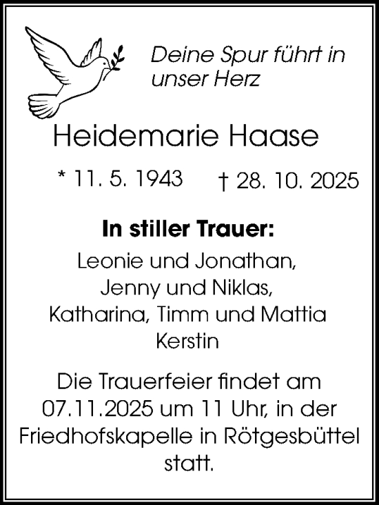 Traueranzeige von Heidemarie Haase von Aller Zeitung