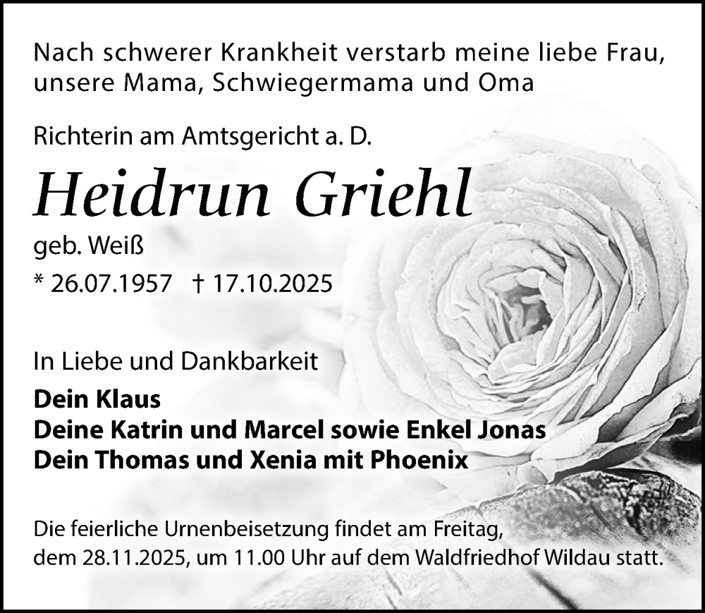  Traueranzeige für Heidrun Griehl vom 25.10.2025 aus Märkischen Allgemeine Zeitung