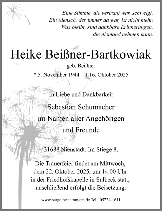 Traueranzeige von Heike Beißner-Bartkowiak von Schaumburger Nachrichten