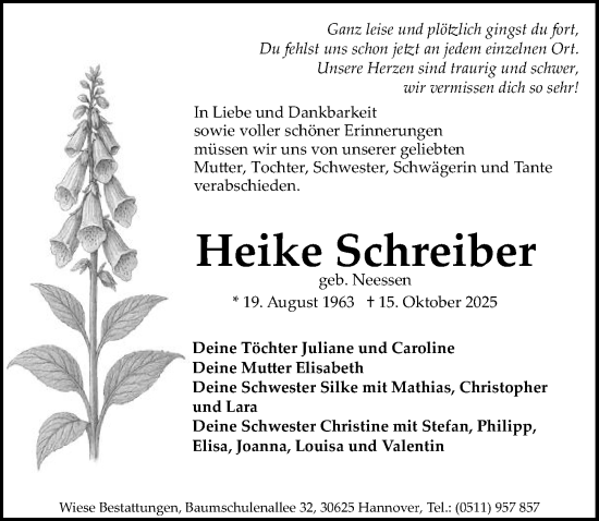 Traueranzeige von Heike Schreiber von Hannoversche Allgemeine Zeitung/Neue Presse