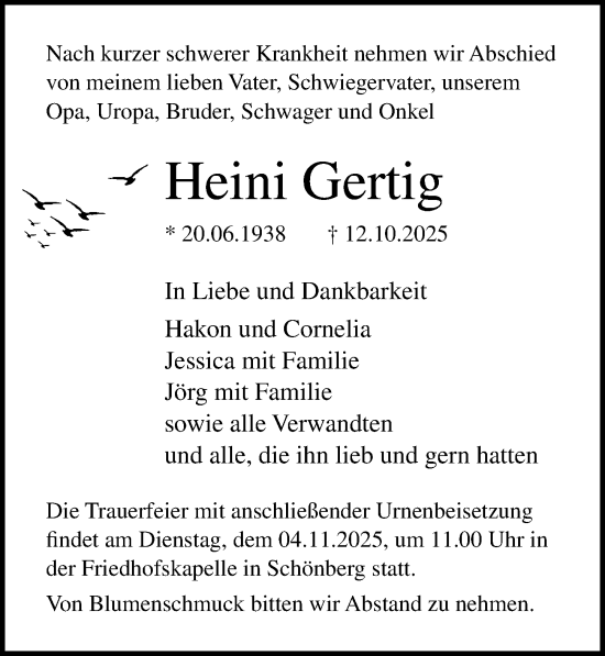 Traueranzeige von Heini Gertig von Ostsee-Zeitung GmbH