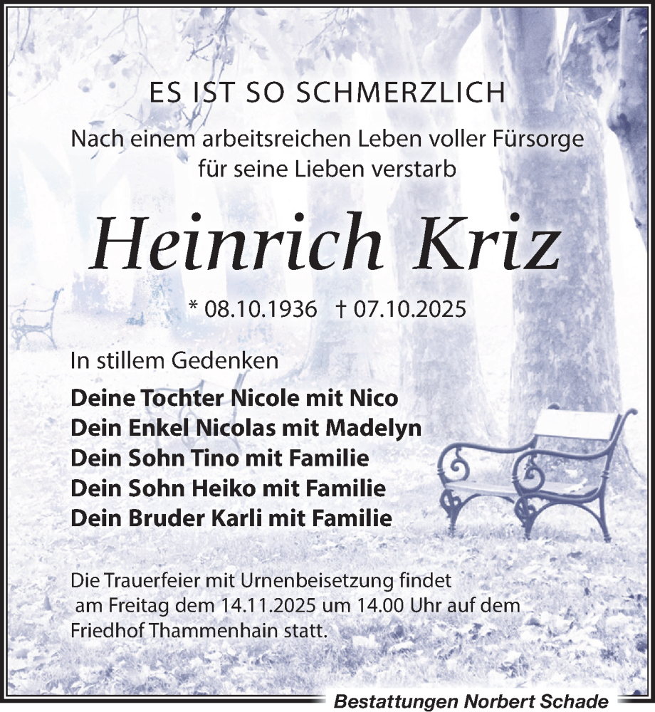  Traueranzeige für Heinrich Kriz vom 01.11.2025 aus Leipziger Volkszeitung