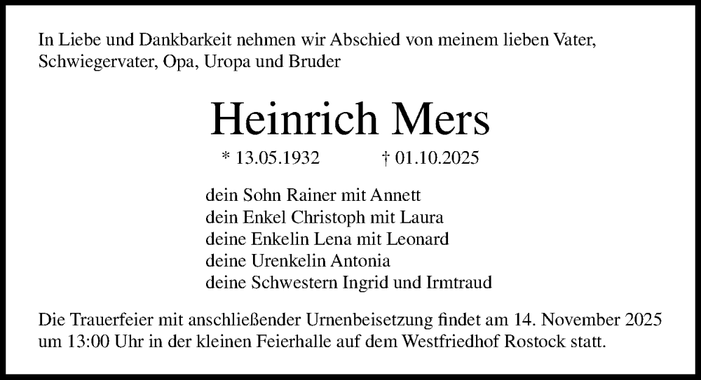  Traueranzeige für Heinrich Mers vom 01.11.2025 aus Ostsee-Zeitung GmbH
