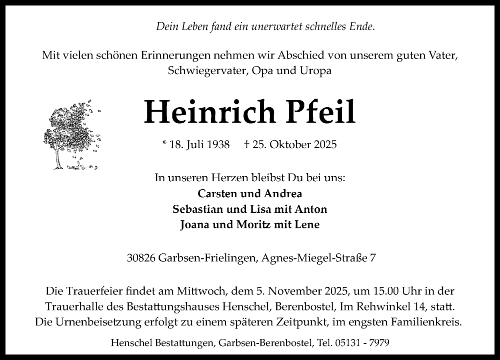  Traueranzeige für Heinrich Pfeil vom 01.11.2025 aus Hannoversche Allgemeine Zeitung/Neue Presse