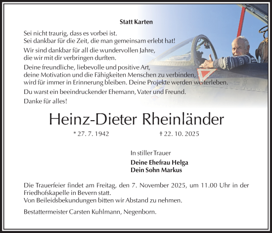 Traueranzeige von Heinz-Dieter Rheinländer von Täglicher Anzeiger Holzminden
