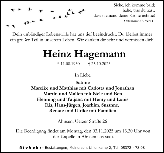 Traueranzeige von Heinz Hagemann von Aller Zeitung