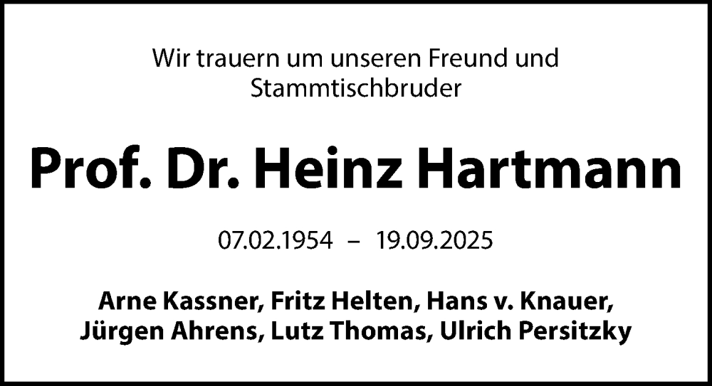  Traueranzeige für Heinz Hartmann vom 04.10.2025 aus Göttinger Tageblatt