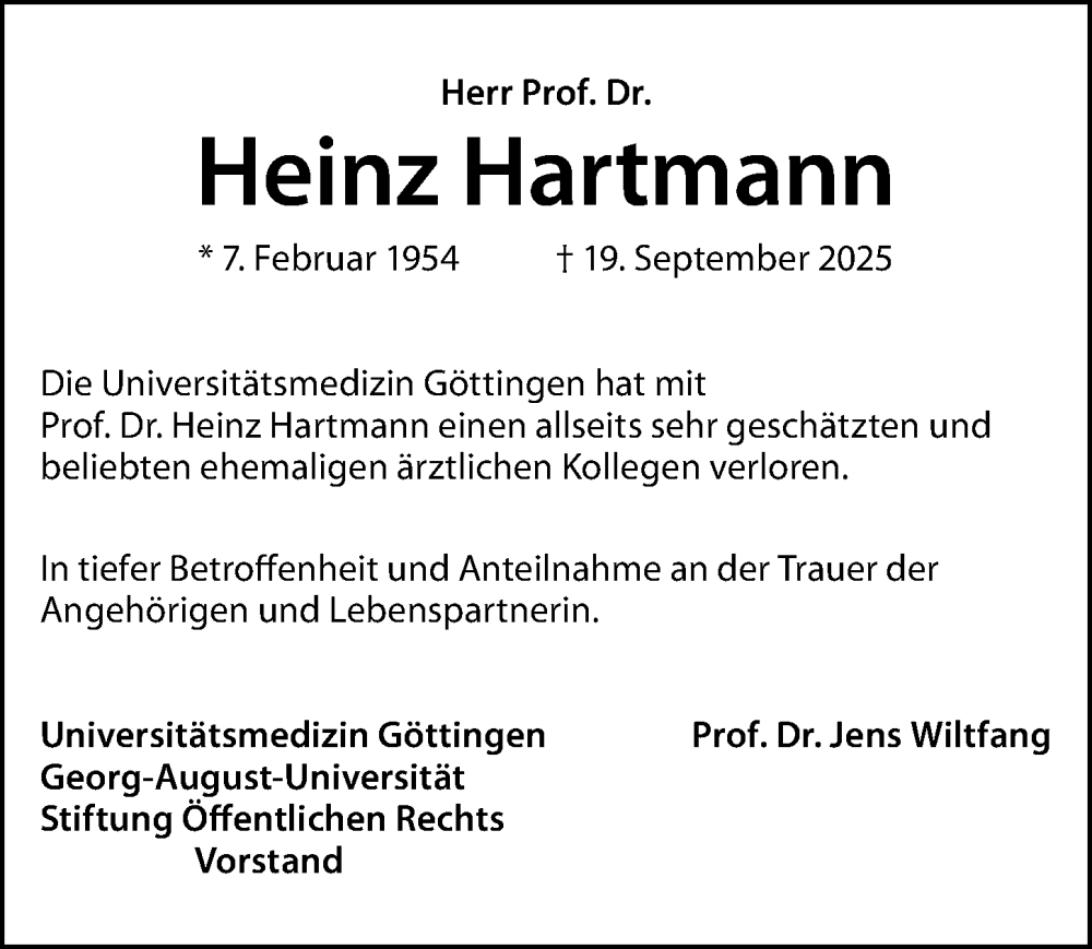  Traueranzeige für Heinz Hartmann vom 11.10.2025 aus Göttinger Tageblatt
