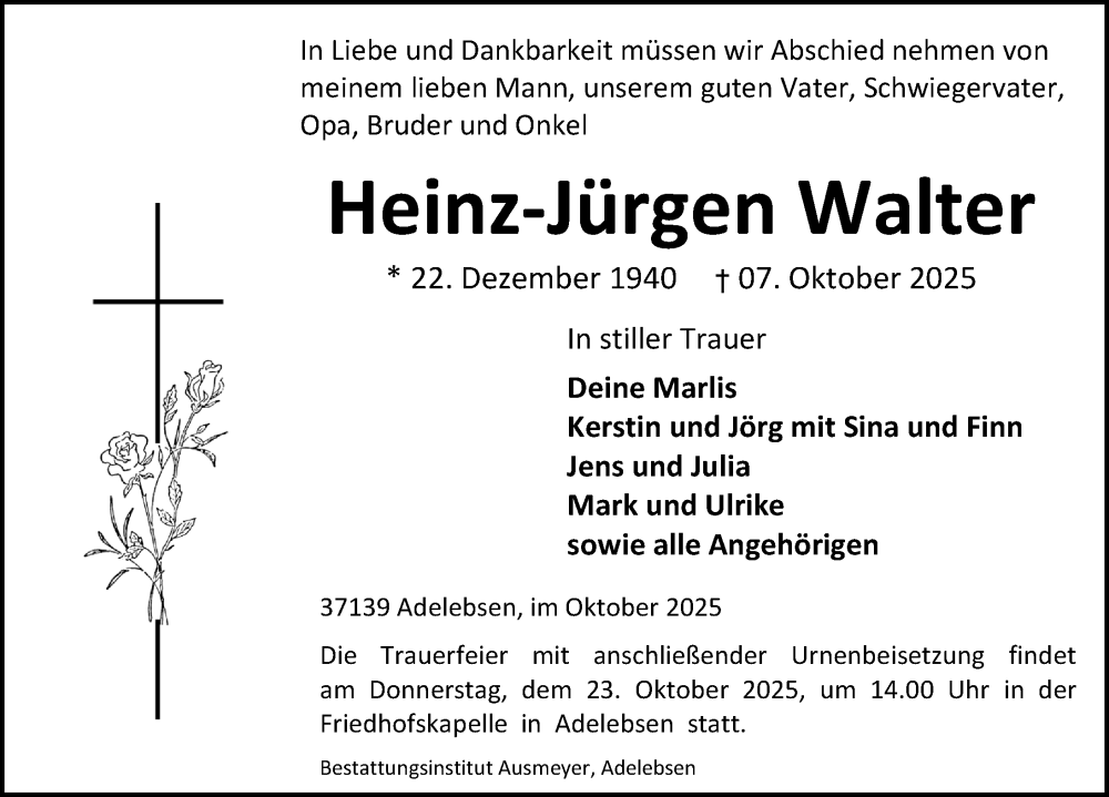  Traueranzeige für Heinz-Jürgen Walter vom 18.10.2025 aus Göttinger Tageblatt