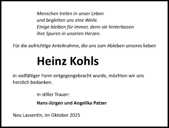 Traueranzeige von Heinz Kohls von Ostsee-Zeitung GmbH