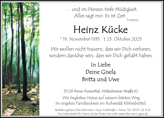 Traueranzeige von Heinz Kücke von Peiner Allgemeine Zeitung