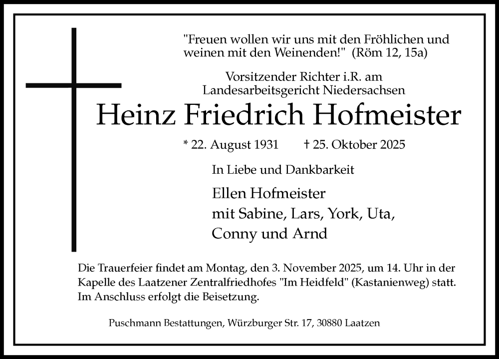  Traueranzeige für Heinz Friedrich Hofmeister vom 01.11.2025 aus Hannoversche Allgemeine Zeitung/Neue Presse