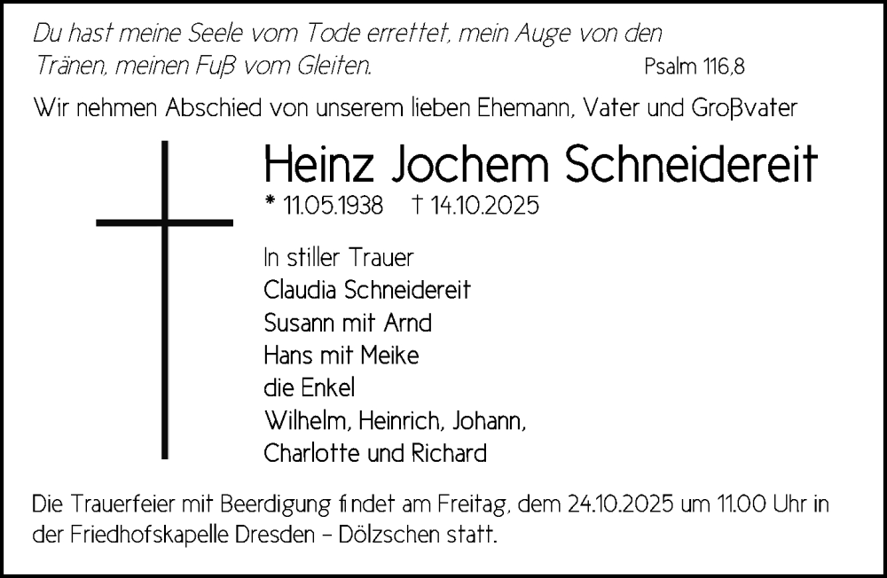  Traueranzeige für Heinz Jochem Schneidereit vom 20.10.2025 aus Sächsische Zeitung